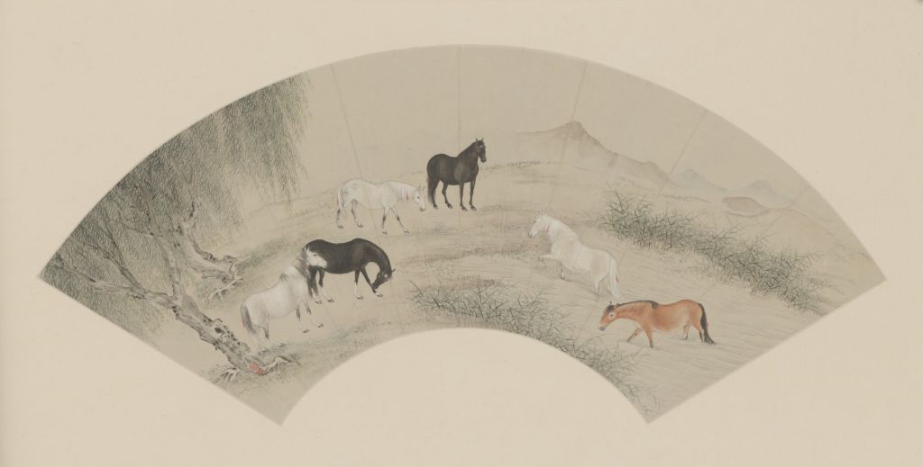 图片[1]-Shen Zhenlin Liuxi Horse Herding Map Fan Page-China Archive